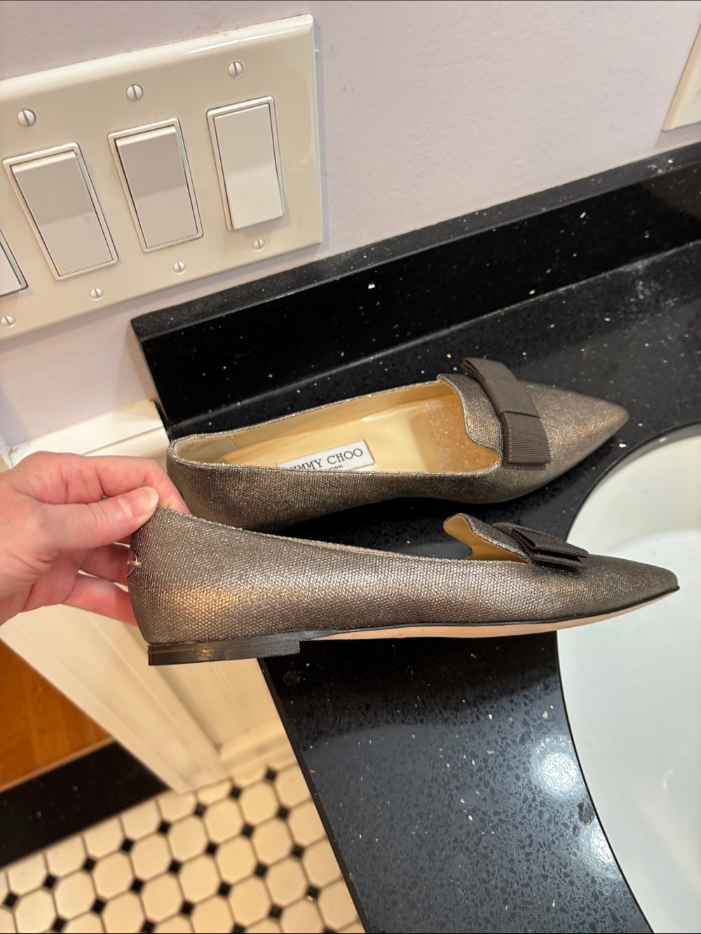 NWOT Jimmy Choo Metallic Bronze Pointed Flats with Grosgrain Bow - Picture 4 of 7